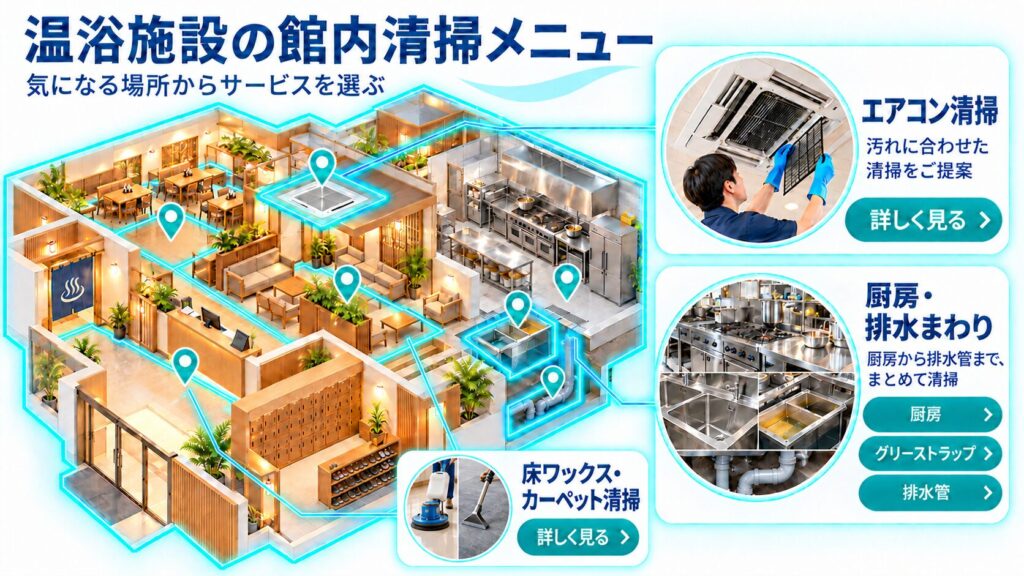 温浴施設の館内清掃メニュー。エアコン清掃、厨房、グリーストラップ、排水管、床ワックス・カーペット清掃